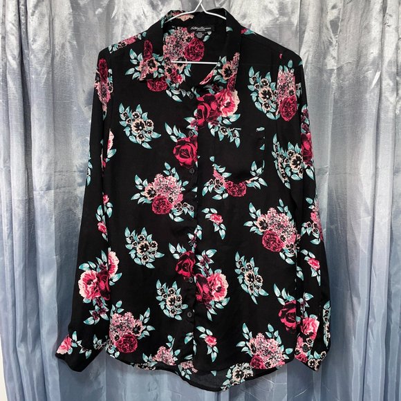 STREETWEAR SOCIETY Black & Pink Rose Floral Button-Down Collared Blouse Sz M - Picture 1 of 5